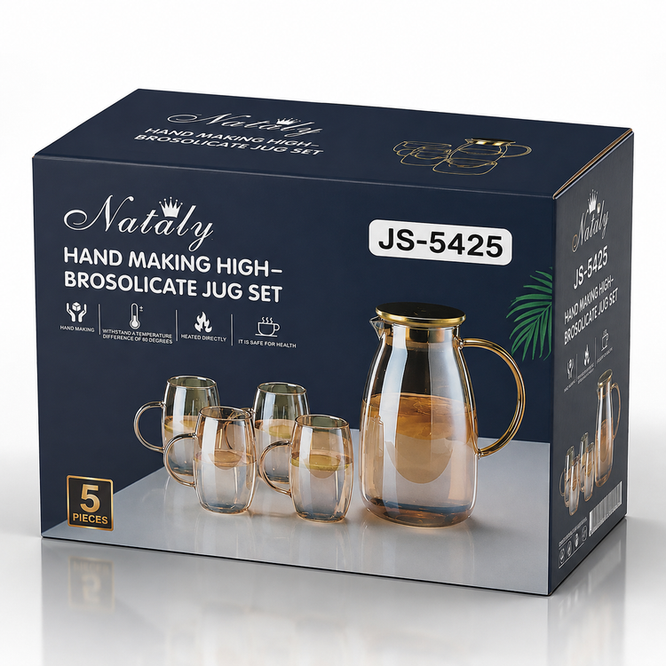 ست پارچ و لیوان پیرکس دودی ناتالی NATALY مدل JS-5425 | سرویس ۵ تکه پارچ و لیوان
